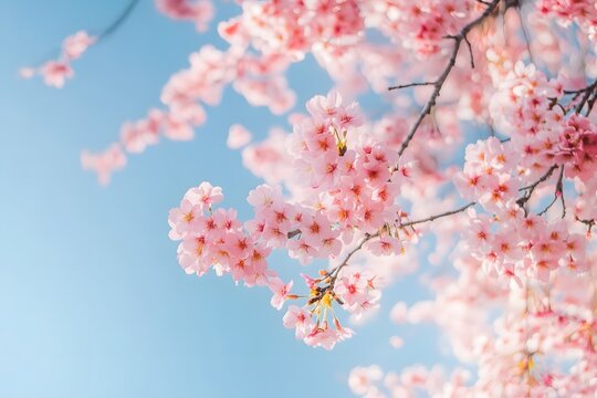 Beautiful cherry blossom branches with pink flowers against a clear bright blue sky