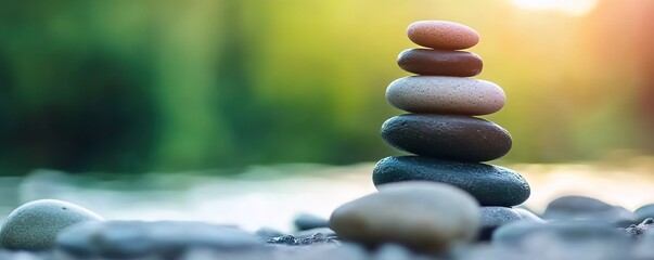 Obraz premium A stack of smooth, round stones of various colors balanced on top of each other amidst a bed of smaller rocks with a blurred green-hued background.