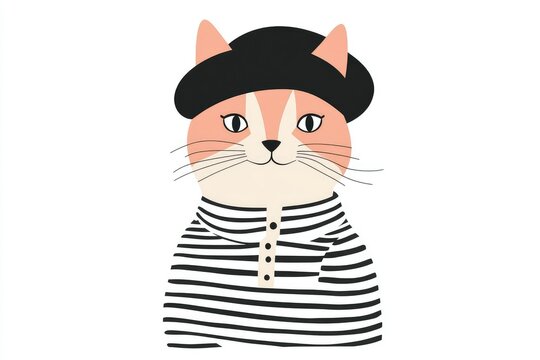 vector illustration of a fashionable cat in a striped shirt and beret, minimalist flat style, white background