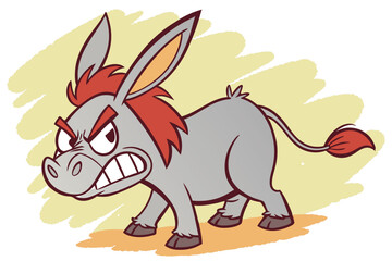 58 Cartoon angry donkey, stylized illustration, big ears, red mane, fierce expression, gritted teeth, gray fur, orange highlights, short tail, compact body, determined stance, textured background, vec