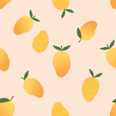 Seamless pattern of mango with green leaves on pink background vector.