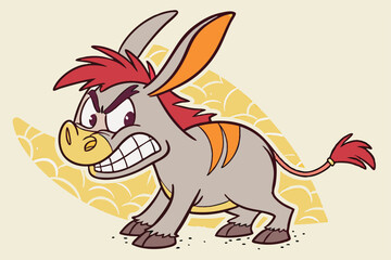 58 Cartoon angry donkey, stylized illustration, big ears, red mane, fierce expression, gritted teeth, gray fur, orange highlights, short tail, compact body, determined stance, textured background, vec