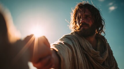 Divine assistance  jesus christ extends a helping hand under the radiant sunlight