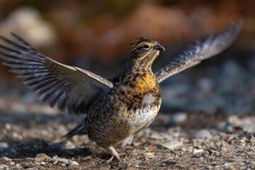 Ruffed Grouse Spreading Wings on Forest Floor Wildlife Observation