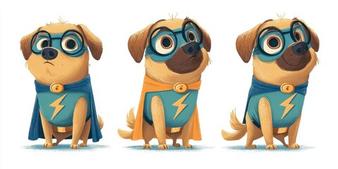 Fototapeta premium Three super pug characters in superhero costumes.