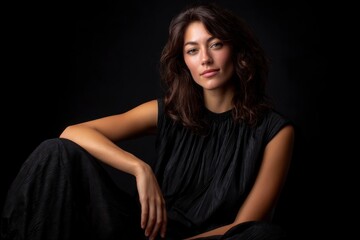 Naklejka premium Portrait of a Confident Woman Posing in Black Clothing Against Dark Background