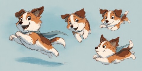Cute cartoon dogs in flight with capes.