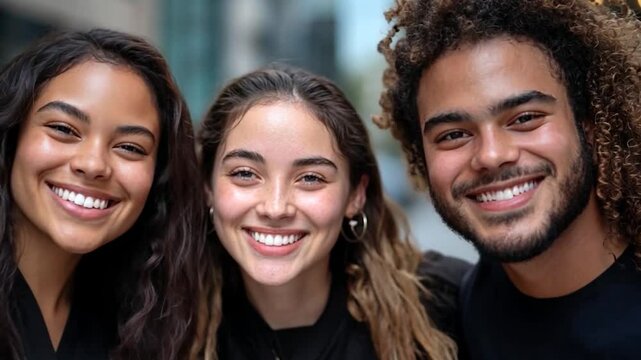 Three young adults with diverse ethnicities and hairstyles smile warmly for a close-up portrait against a blurred city backdrop.  The lighting is soft and natural, highlighting their joyful