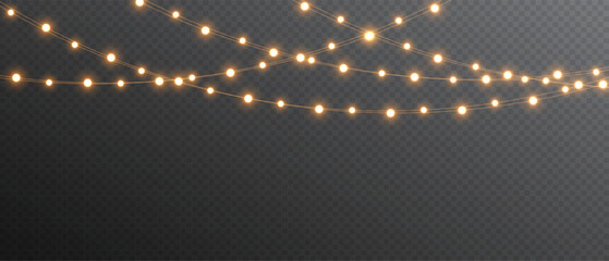 Vector Christmas lights on a transparent background. Christmas light PNG. Set of Christmas glowing garlands. For advertising invitations, web banners, postcards. Vector. Christmas decoration, LED lamp