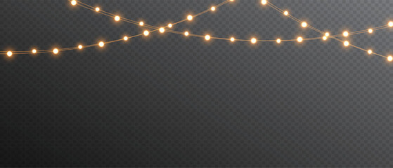 Vector Christmas lights on a transparent background. Christmas light PNG. Set of Christmas glowing garlands. For advertising invitations, web banners, postcards. Vector. Christmas decoration, LED lamp