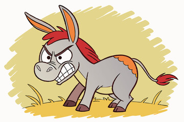 58 Cartoon angry donkey, stylized illustration, big ears, red mane, fierce expression, gritted teeth, gray fur, orange highlights, short tail, compact body, determined stance, textured background, vec