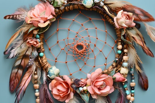 Close up of a beautiful handmade dreamcatcher with feathers and flowers - Powered by Adobe