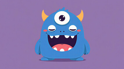 A friendly blue monster with one eye and horns grins on a purple background for your project needs.