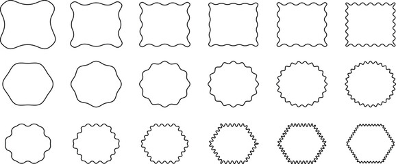 Zig zag Wavy Edge Rectangle Circle sticker Shapes Set. Vector Jagged Geometric Shapes. Oval, Circle Stickers Set. Abstract Elements for Frame, Stamp, Template, Promo Design, Web Design and Social.