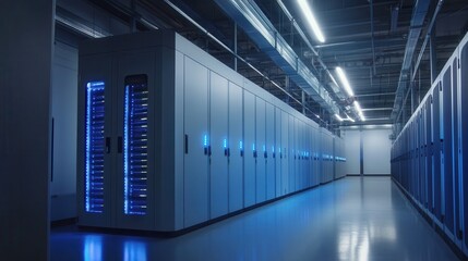 Obraz premium Ultra quality image of rows of powerful server racks in a modern data center facility with glowing blue lights.