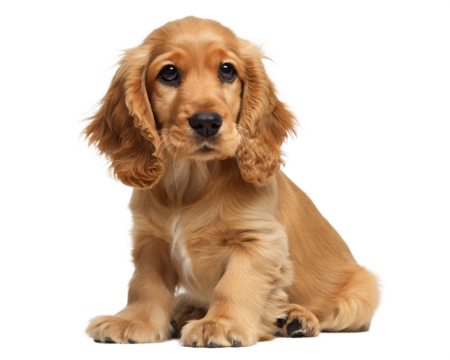Cute cocker spaniel puppy sitting and looking up, isolated on a light blue background	
