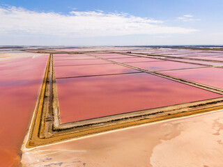 Aigues-Mortes, Camargue, France,  the largest mediterranean salt marshes in beautiful pink and red colors, for production of table salt  