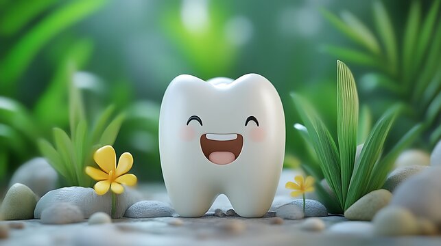 A happy cartoon tooth smiles among plants and small yellow flowers