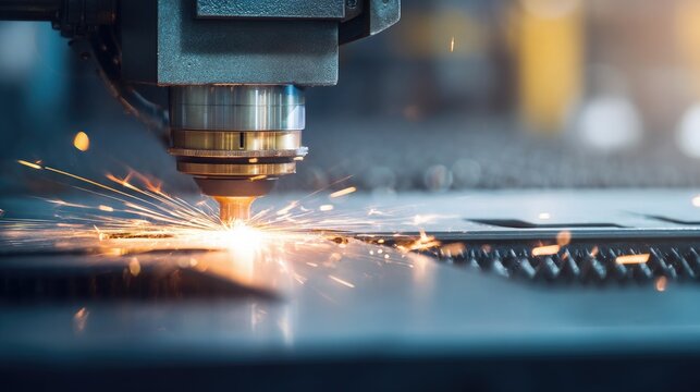 A laser-cut machine creating sparks of light, a close-up on the laser beam and the part being cut, a modern factory background with a copy space area for text. industrial and mechanical concept