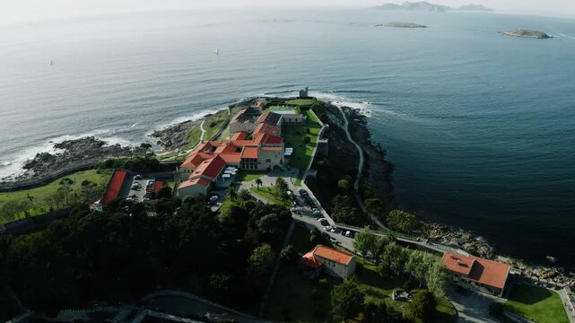 Aerial View Of Luxury Hotel On Top Of Coastal Hill Overlooking The Ocean in Baiona Spain