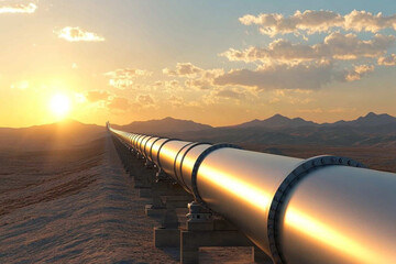 Gas pipeline stretches across a chaotic landscape with disrupted terrain and environmental impact visible