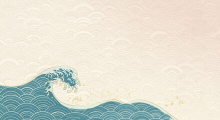 青海波と和雲のシームレス和柄背景・金箔・和紙テクスチャ入り・上品なデザイン　コピースペースあり