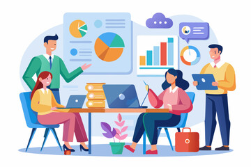 Business teamwork concept illustration featuring a diverse group of professionals discussing strategy in front of a colorful puzzle board with infographic elements like graphs, pie charts, and gears. 