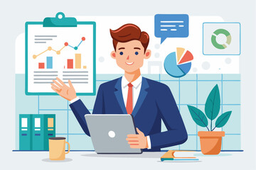 Business teamwork concept illustration featuring a diverse group of professionals discussing strategy in front of a colorful puzzle board with infographic elements like graphs, pie charts, and gears. 