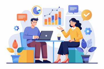 Business teamwork concept illustration featuring a diverse group of professionals discussing strategy in front of a colorful puzzle board with infographic elements like graphs, pie charts, and gears. 