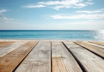 Wooden table surface with sunset-lit ocean and sandy beach in the background.