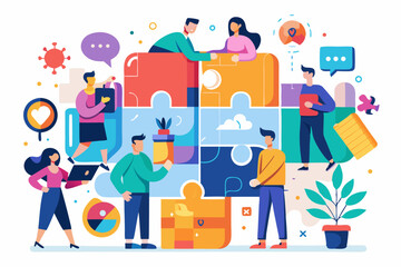 Naklejka premium Business teamwork concept illustration featuring a diverse group of professionals discussing strategy in front of a colorful puzzle board with infographic elements like graphs, pie charts, and gears. 