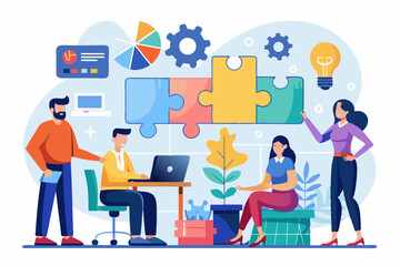Business teamwork concept illustration featuring a diverse group of professionals discussing strategy in front of a colorful puzzle board with infographic elements like graphs, pie charts, and gears. 