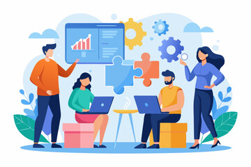 Business teamwork concept illustration featuring a diverse group of professionals discussing strategy in front of a colorful puzzle board with infographic elements like graphs, pie charts, and gears. 