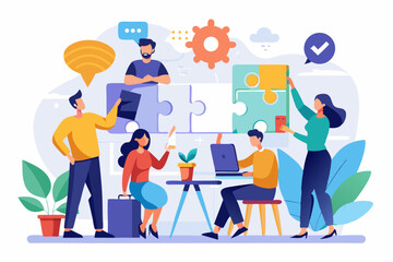 Business teamwork concept illustration featuring a diverse group of professionals discussing strategy in front of a colorful puzzle board with infographic elements like graphs, pie charts, and gears. 