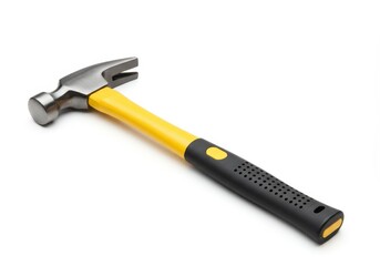 Close-up of a claw hammer with a yellow and black handle resting on a white surface