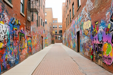 Fototapeta premium Graffiti-covered alley in an urban area showcasing chaotic street art and vibrant colors