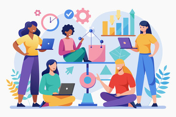 Business teamwork concept illustration featuring a diverse group of professionals discussing strategy in front of a colorful puzzle board with infographic elements like graphs, pie charts, and gears. 