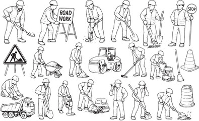 Obraz premium A hand-drawn black-and-white illustration of road work scenes with workers, tools, and equipment like wheelbarrows, rollers, and signs. Ideal for construction designs, safety graphics, or infrastructu