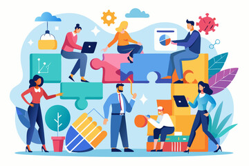 Business teamwork concept illustration featuring a diverse group of professionals discussing strategy in front of a colorful puzzle board with infographic elements like graphs, pie charts, and gears. 