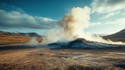 Geothermal Geysers in Iceland: Erupting Steam Clouds Over Stunning Landscapes