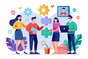 Business teamwork concept illustration featuring a diverse group of professionals discussing strategy in front of a colorful puzzle board with infographic elements like graphs, pie charts, and gears. 