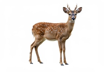Naklejka premium Spotted fawn standing alert on a plain white background, showing its small antlers and gentle expression