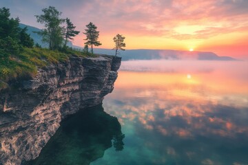 Serene sunrise over tranquil waters at the edge of a rugged cliff in a peaceful natural landscape by the lake