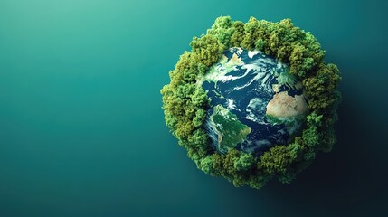 Fototapeta premium Small Earth globe fully covered by lush green vegetation on teal background.