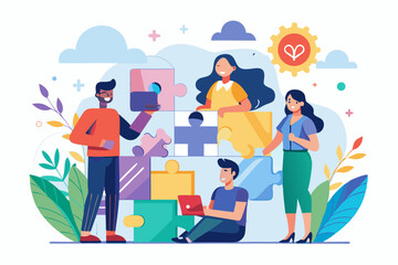 Business teamwork concept illustration featuring a diverse group of professionals discussing strategy in front of a colorful puzzle board with infographic elements like graphs, pie charts, and gears. 