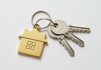 Keys with a house shaped keychain on a white background representing property ownership