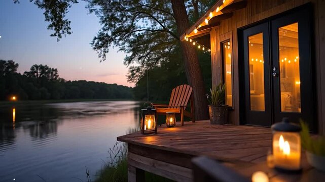 Serene evening view of a lakeside cabin illuminated by warm candlelight and string lights. Tranquil water reflects the soft twilight sky