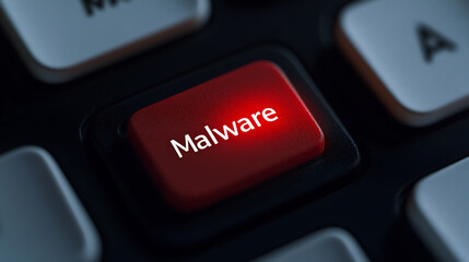 Cybersecurity alert: a red keyboard button labeled 'Malware' glows ominously, symbolizing the threat of digital infections and the need for online protection.