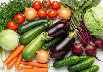 Freshly harvested vegetables including tomatoes, zucchini, eggplant, carrots, and beets on a white surface