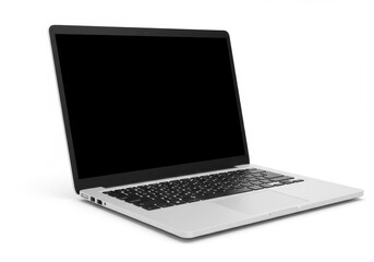 Silver laptop computer with a blank screen is displayed on a white background in a close-up studio shot